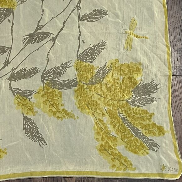 Vintage Vera Neumann Scarf Silk Chiffon Sheer Floral Yellow Ladybug 30X26" Rare! - Picture 7 of 11